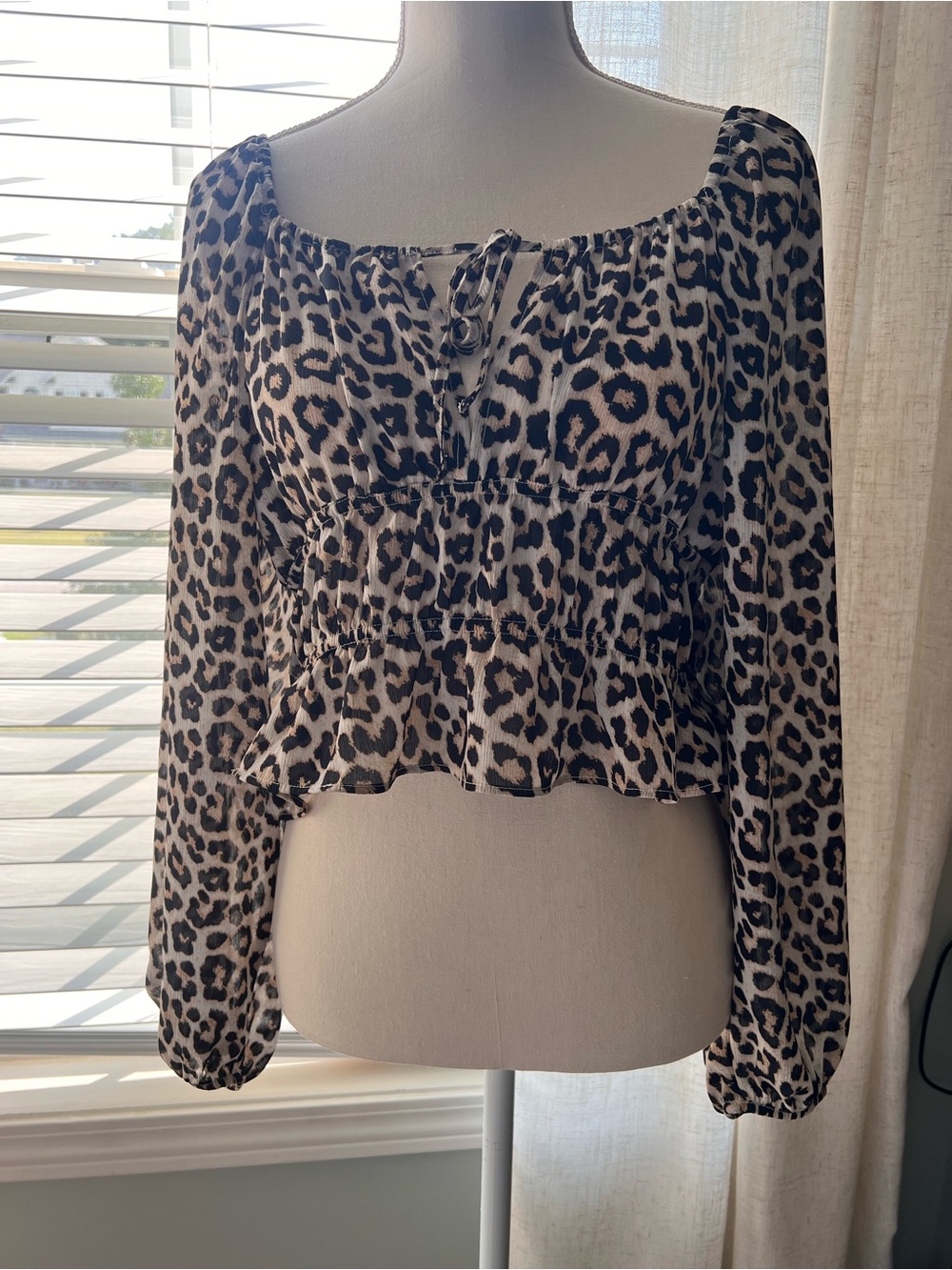 H&M Beige and Black Leopard Print Peasant Blouse